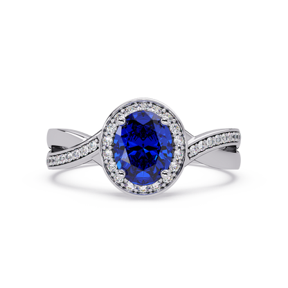 0.6 CTW Oval Halo Split Shank Colorstone Ring with Sapphire Blue center in 14K White Gold – Lunéa Paris