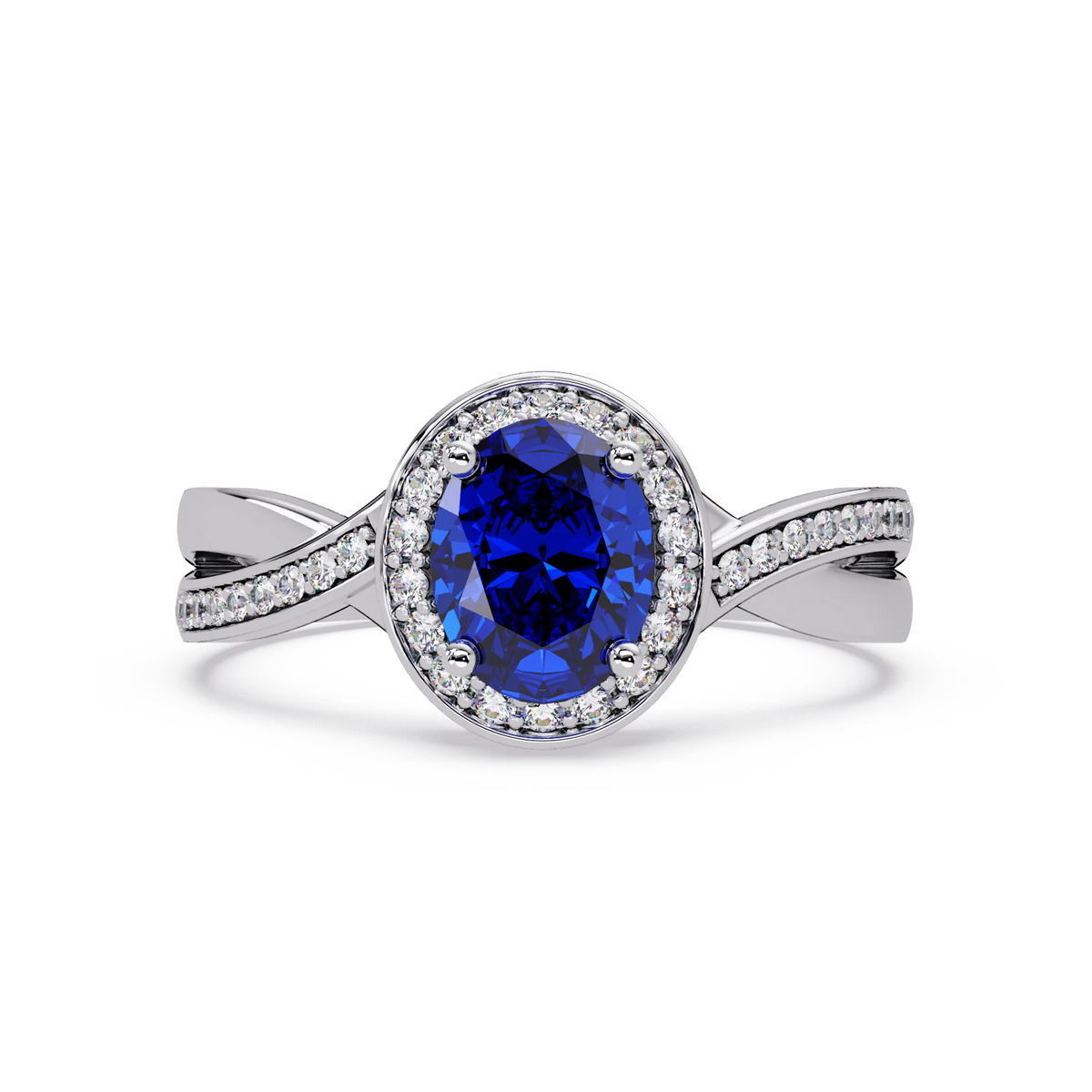 0.6 CTW Oval Halo Split Shank Colorstone Ring with Sapphire Blue center in 14K White Gold – Lunéa Paris