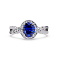 0.6 CTW Oval Halo Split Shank Colorstone Ring with Sapphire Blue center in 14K White Gold – Lunéa Paris