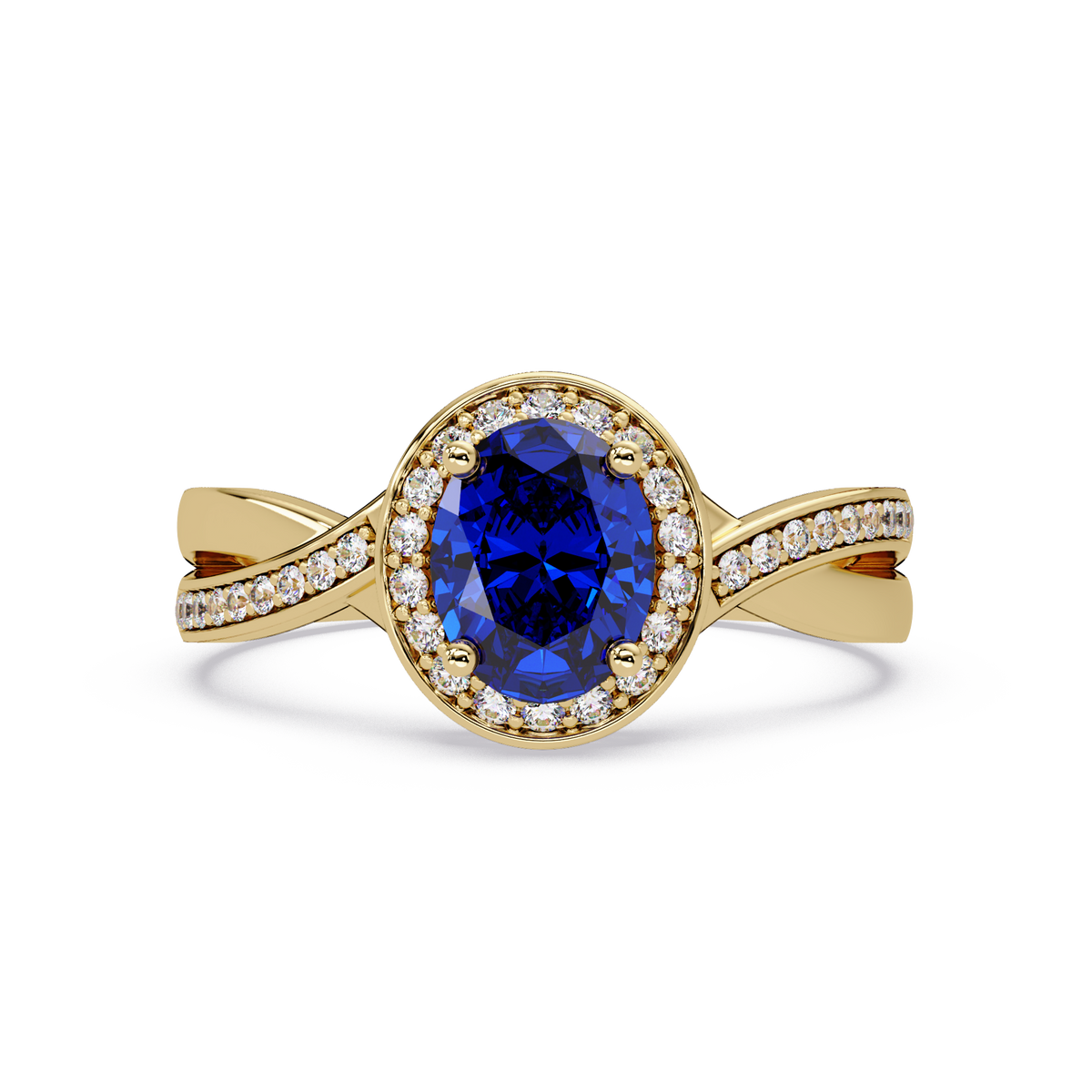 0.6 CTW Oval Halo Split Shank Colorstone Ring with Sapphire Blue center in 14K Yellow Gold – Lunéa Paris