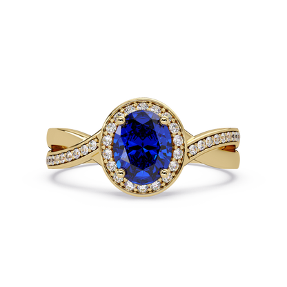 0.6 CTW Oval Halo Split Shank Colorstone Ring with Sapphire Blue center in 14K Yellow Gold – Lunéa Paris