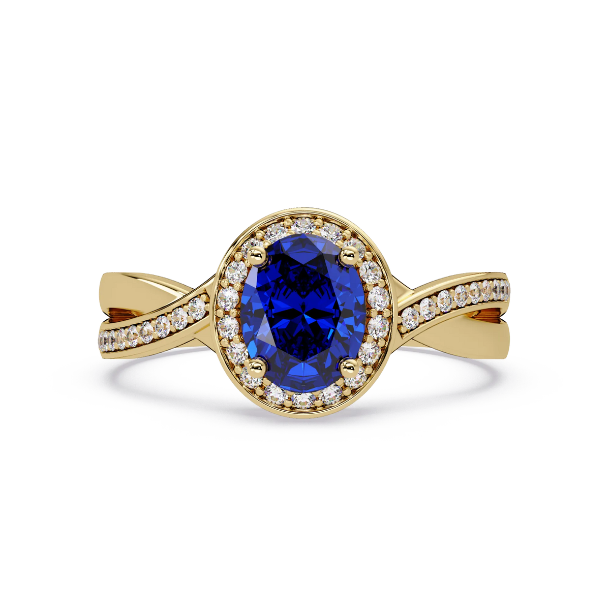 0.6 CTW Oval Halo Split Shank Colorstone Ring with Sapphire Blue center in 14K Yellow Gold – Lunéa Paris