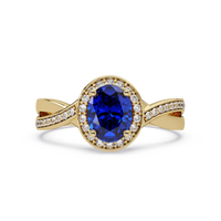 0.6 CTW Oval Halo Split Shank Colorstone Ring with Sapphire Blue center in 14K Yellow Gold – Lunéa Paris