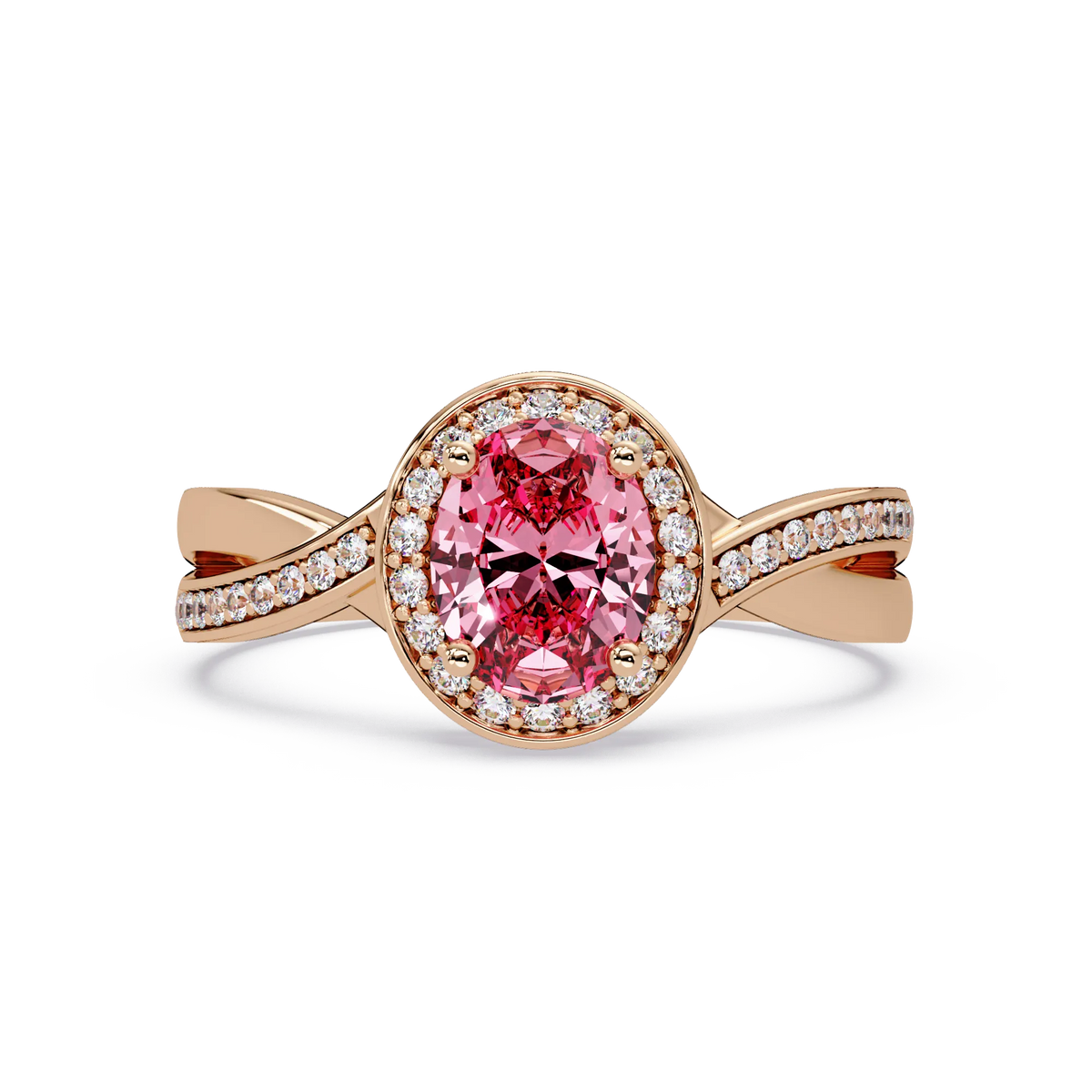 0.6 CTW Oval Halo Split Shank Colorstone Ring with Tourmaline Pink center in 14K Rose Gold – Lunéa Paris