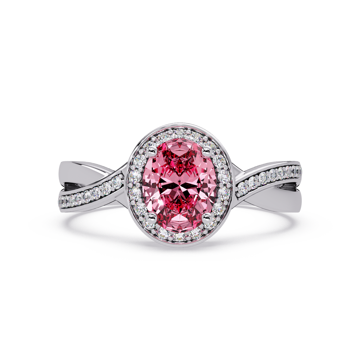 0.6 CTW Oval Halo Split Shank Colorstone Ring with Tourmaline Pink center in 14K White Gold – Lunéa Paris