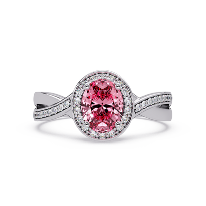 0.6 CTW Oval Halo Split Shank Colorstone Ring with Tourmaline Pink center in 14K White Gold – Lunéa Paris