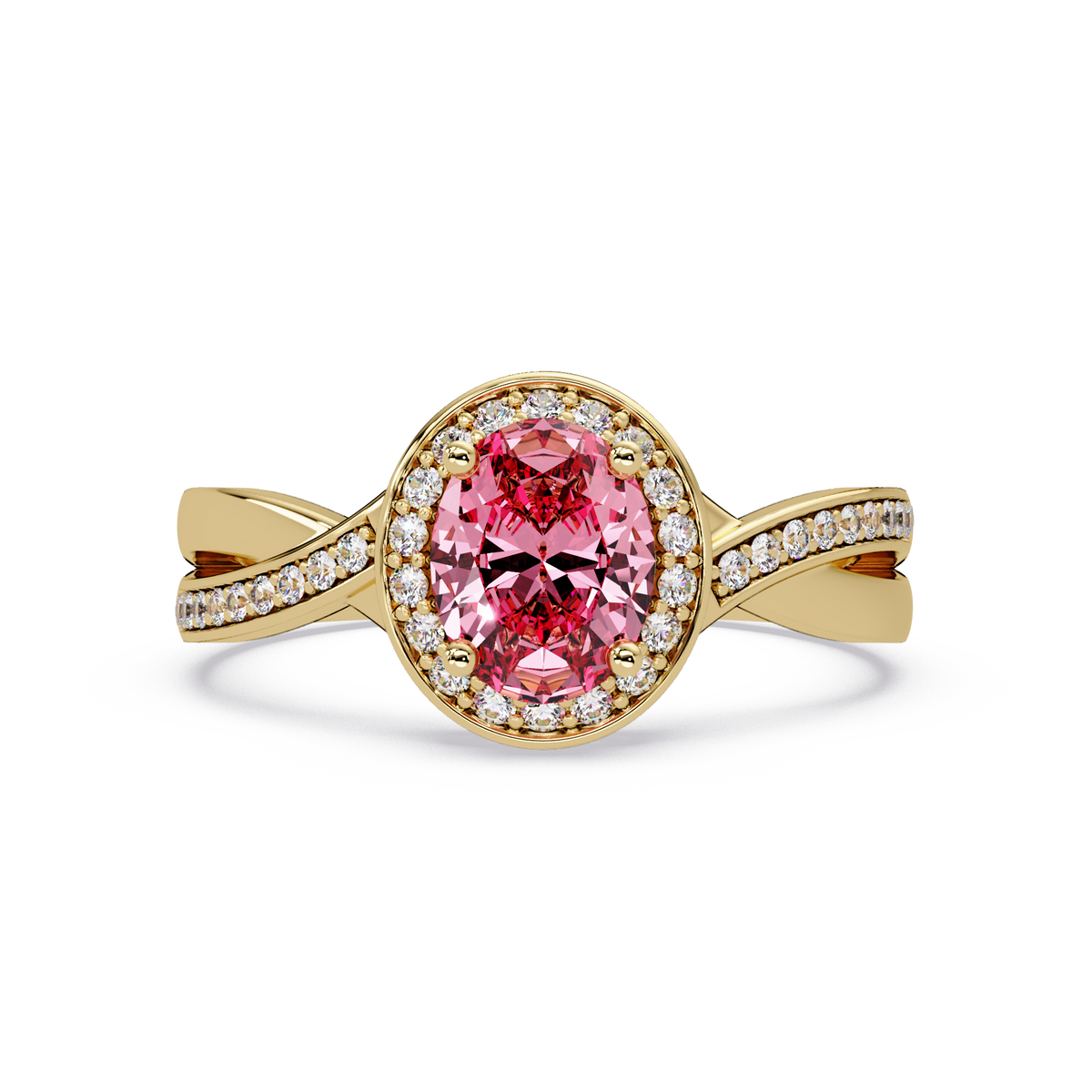 0.6 CTW Oval Halo Split Shank Colorstone Ring with Tourmaline Pink center in 14K Yellow Gold – Lunéa Paris
