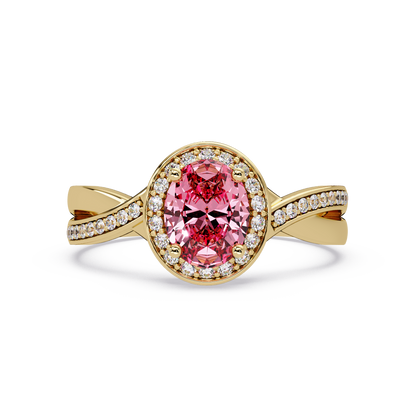 0.6 CTW Oval Halo Split Shank Colorstone Ring with Tourmaline Pink center in 14K Yellow Gold – Lunéa Paris