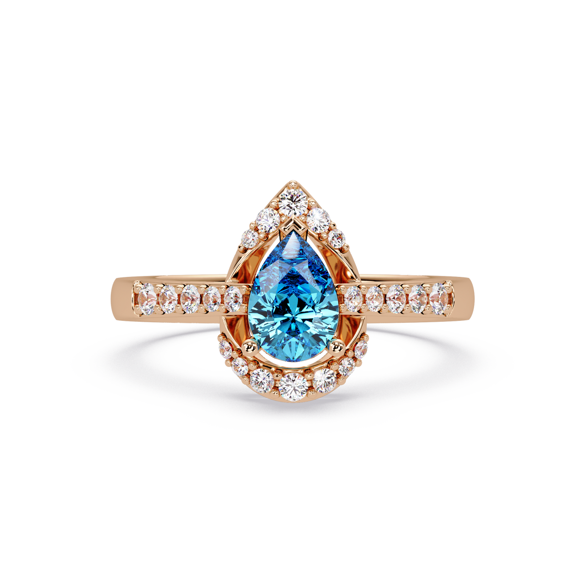 0.6 CTW Pear Halo Pavé Colorstone Ring with Aquamarine Blue center in 14K Rose Gold – Lunéa Paris