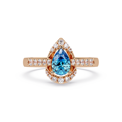 0.6 CTW Pear Halo Pavé Colorstone Ring with Aquamarine Blue center in 14K Rose Gold – Lunéa Paris