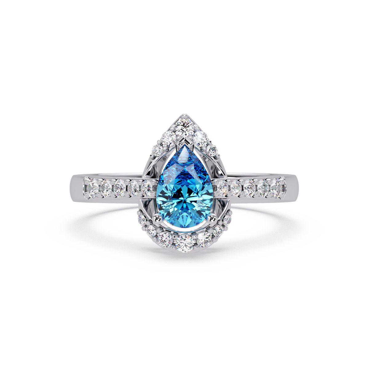 0.6 CTW Pear Halo Pavé Colorstone Ring with Aquamarine Blue center in 14K White Gold – Lunéa Paris