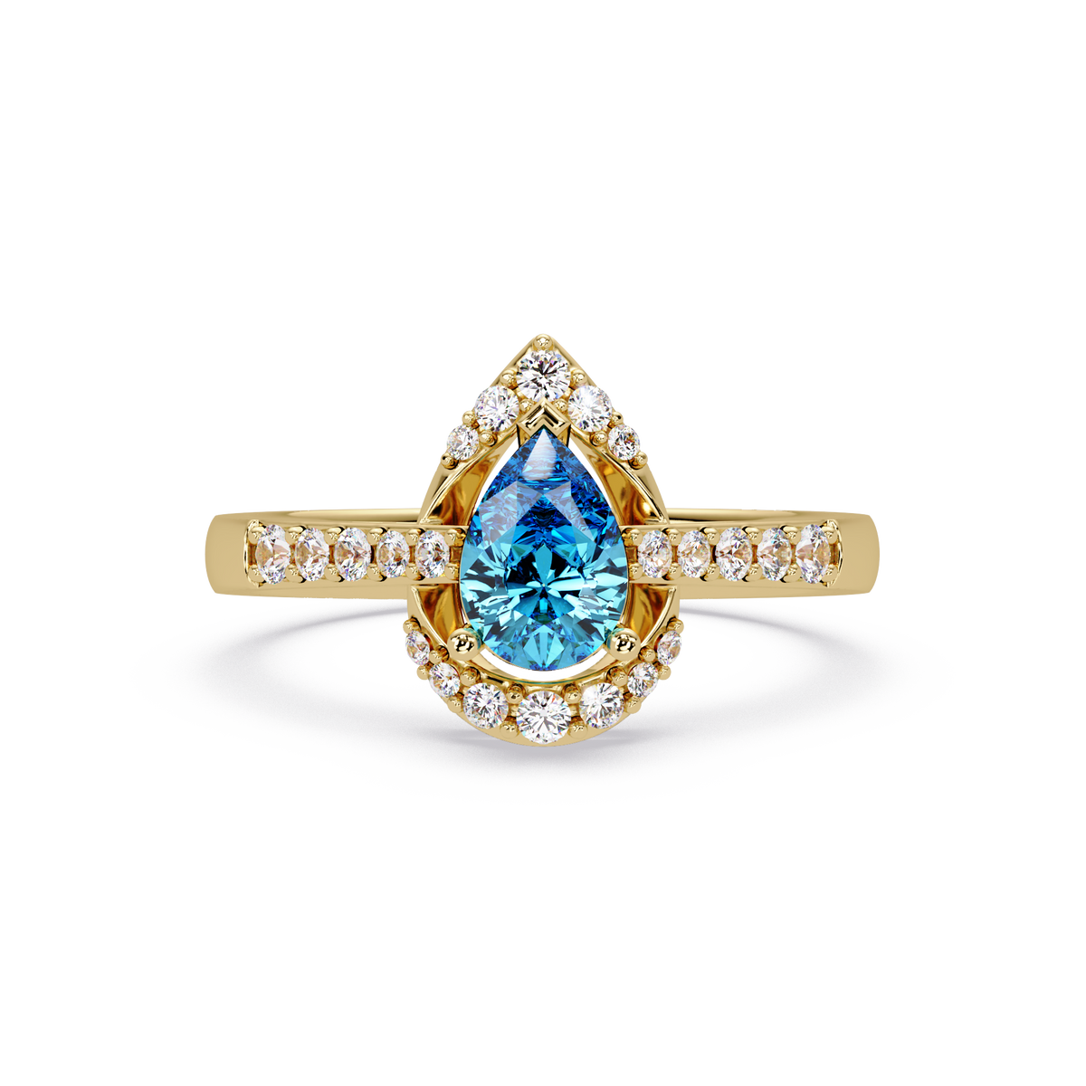 0.6 CTW Pear Halo Pavé Colorstone Ring with Aquamarine Blue center in 14K Yellow Gold – Lunéa Paris