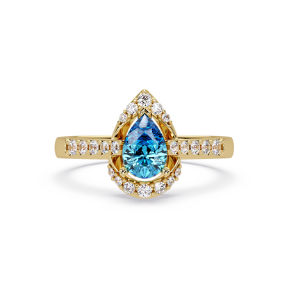 0.6 CTW Pear Halo Pavé Colorstone Ring with Aquamarine Blue center in 14K Yellow Gold – Lunéa Paris