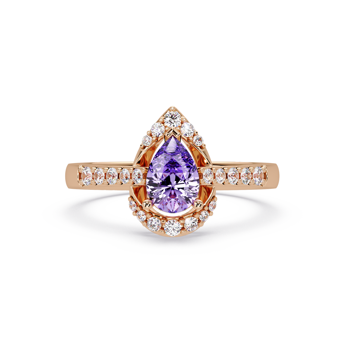 0.6 CTW Pear Halo Pavé Colorstone Ring with Amethyst Purple center in 14K Rose Gold – Lunéa Paris
