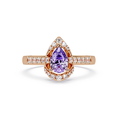0.6 CTW Pear Halo Pavé Colorstone Ring with Amethyst Purple center in 14K Rose Gold – Lunéa Paris