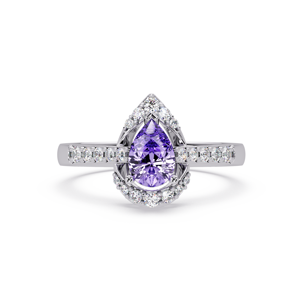 0.6 CTW Pear Halo Pavé Colorstone Ring with Amethyst Purple center in 14K White Gold – Lunéa Paris