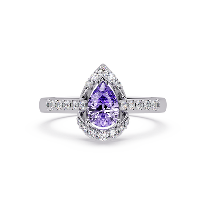 0.6 CTW Pear Halo Pavé Colorstone Ring with Amethyst Purple center in 14K White Gold – Lunéa Paris