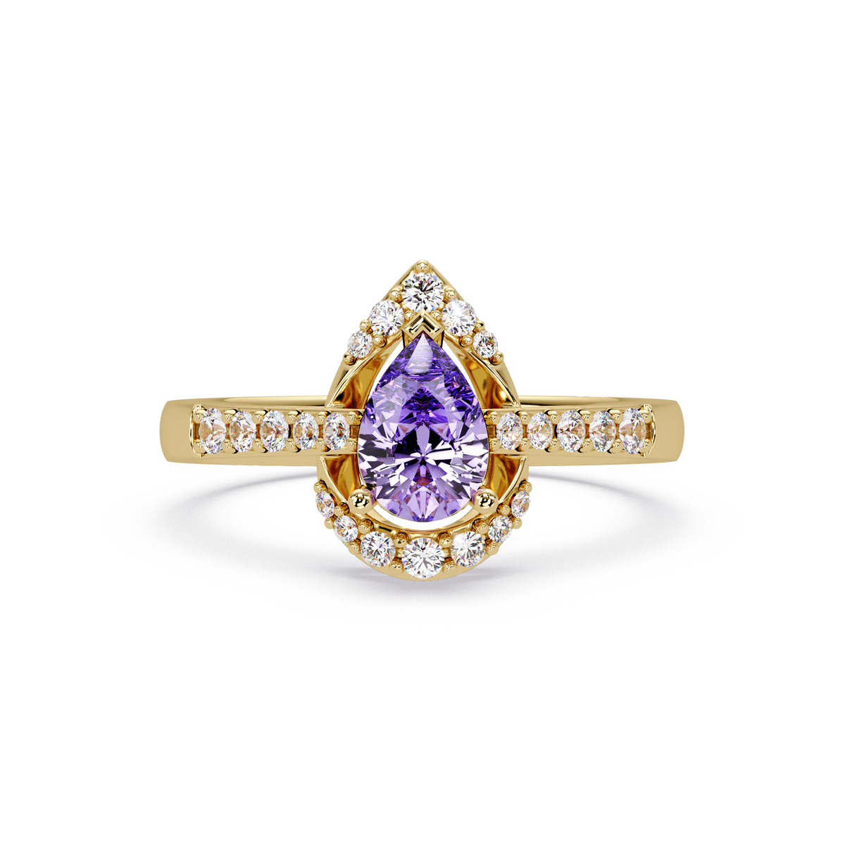 0.6 CTW Pear Halo Pavé Colorstone Ring with Amethyst Purple center in 14K Yellow Gold – Lunéa Paris