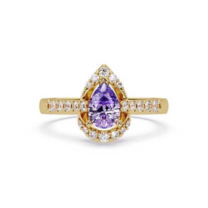 0.6 CTW Pear Halo Pavé Colorstone Ring with Amethyst Purple center in 14K Yellow Gold – Lunéa Paris