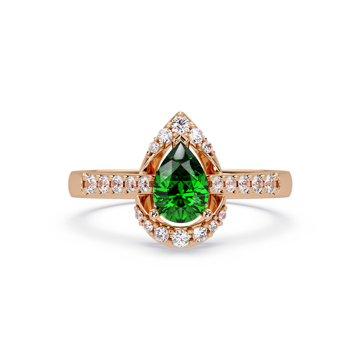 0.6 CTW Pear Halo Pavé Colorstone Ring with Emerald Green center in 14K Rose Gold – Lunéa Paris