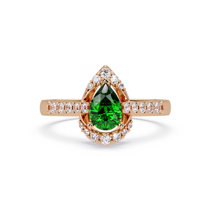 0.6 CTW Pear Halo Pavé Colorstone Ring with Emerald Green center in 14K Rose Gold – Lunéa Paris