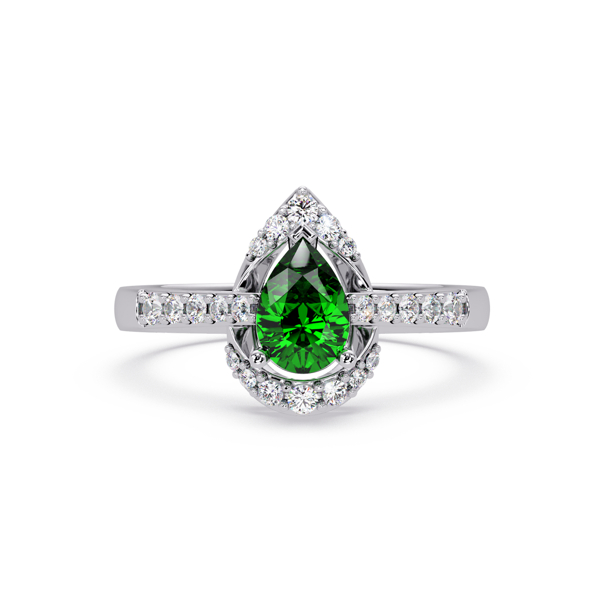 0.6 CTW Pear Halo Pavé Colorstone Ring with Emerald Green center in 14K White Gold – Lunéa Paris