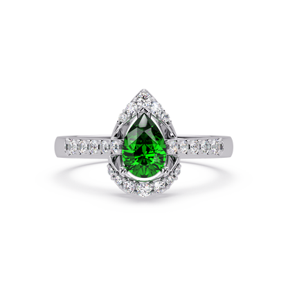 0.6 CTW Pear Halo Pavé Colorstone Ring with Emerald Green center in 14K White Gold – Lunéa Paris