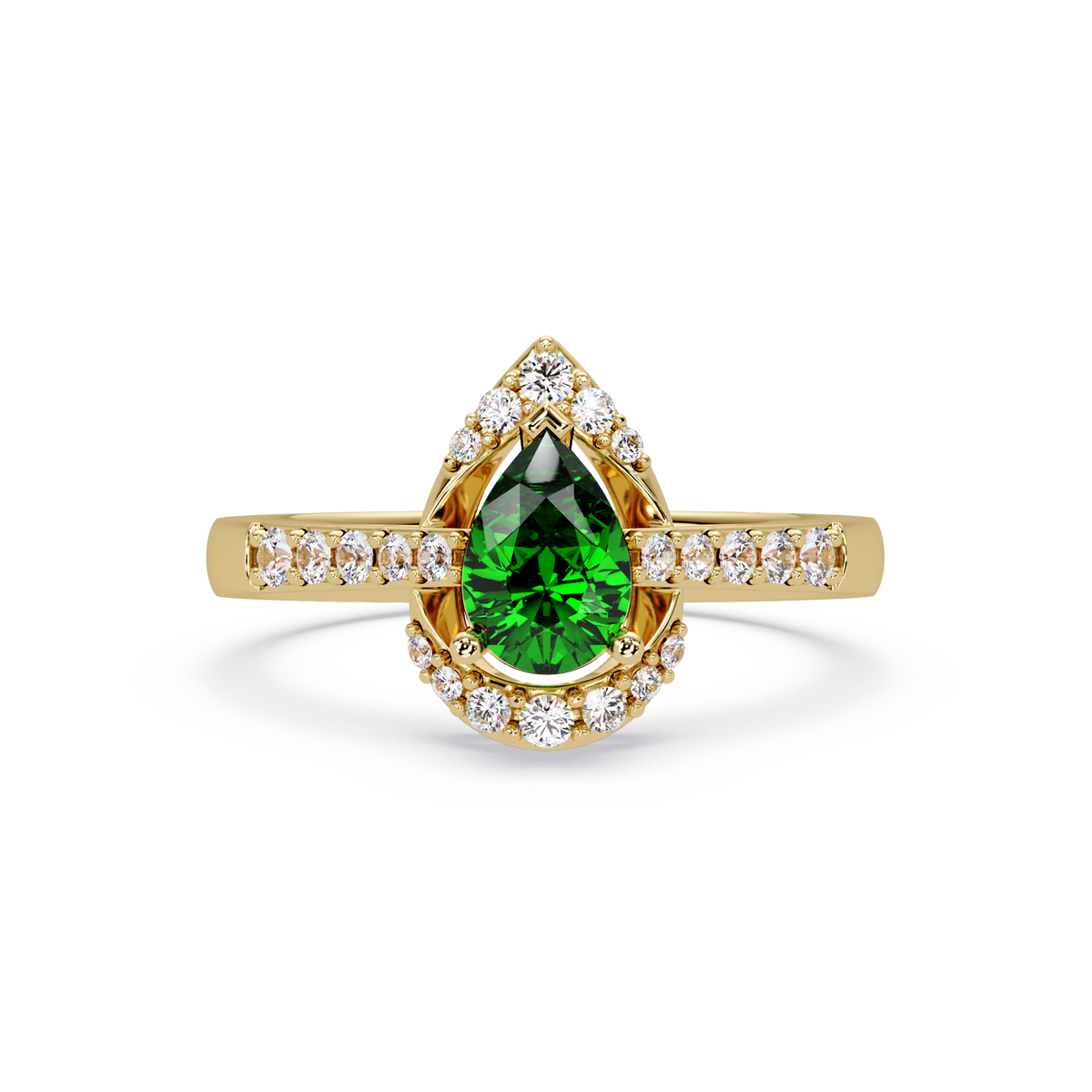 0.6 CTW Pear Halo Pavé Colorstone Ring with Emerald Green center in 14K Yellow Gold – Lunéa Paris