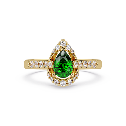 0.6 CTW Pear Halo Pavé Colorstone Ring with Emerald Green center in 14K Yellow Gold – Lunéa Paris