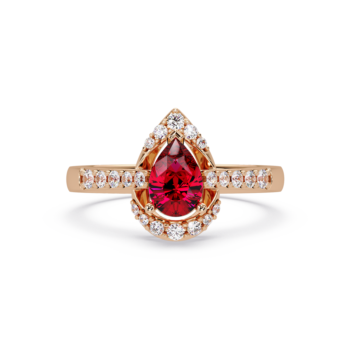 0.6 CTW Pear Halo Pavé Colorstone Ring with Ruby Red center in 14K Rose Gold – Lunéa Paris