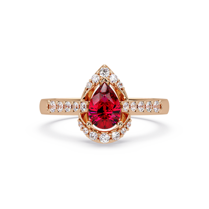 0.6 CTW Pear Halo Pavé Colorstone Ring with Ruby Red center in 14K Rose Gold – Lunéa Paris