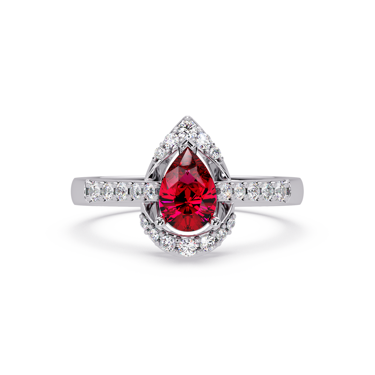 0.6 CTW Pear Halo Pavé Colorstone Ring with Ruby Red center in 14K White Gold – Lunéa Paris