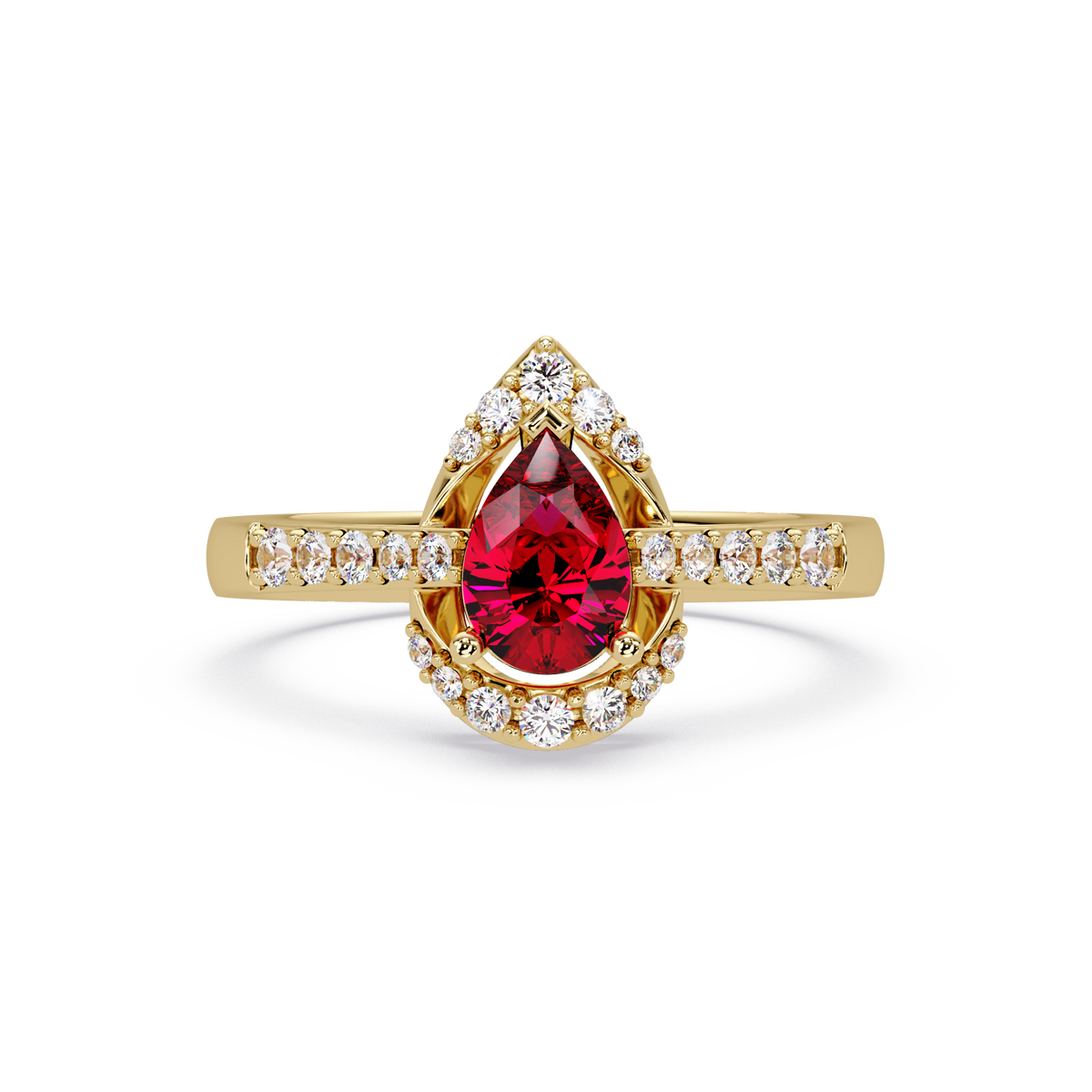 0.6 CTW Pear Halo Pavé Colorstone Ring with Ruby Red center in 14K Yellow Gold – Lunéa Paris