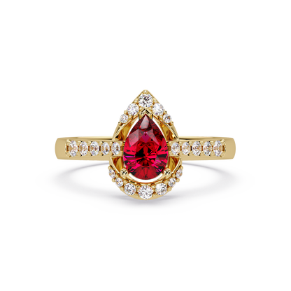 0.6 CTW Pear Halo Pavé Colorstone Ring with Ruby Red center in 14K Yellow Gold – Lunéa Paris