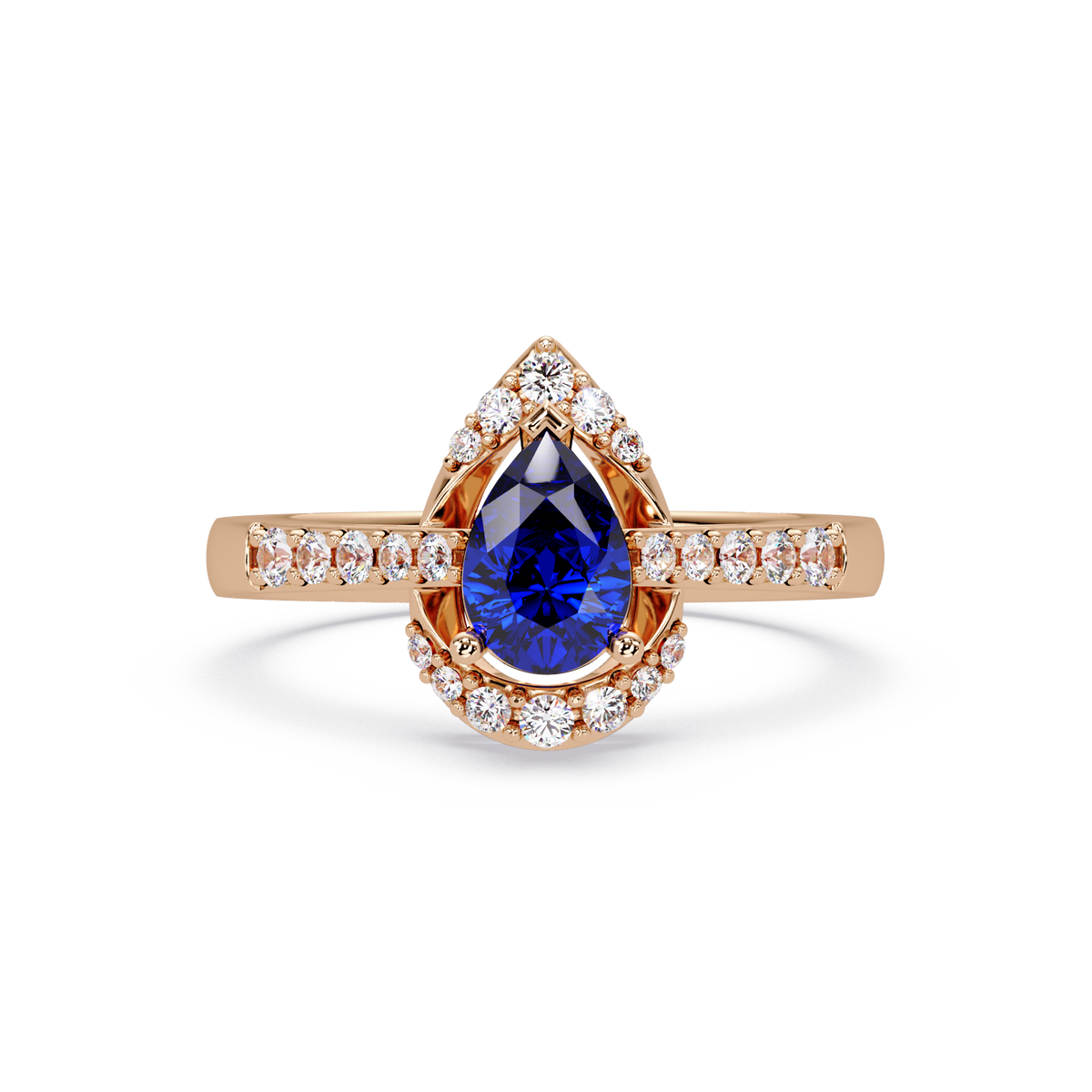 0.6 CTW Pear Halo Pavé Colorstone Ring with Sapphire Blue center in 14K Rose Gold – Lunéa Paris