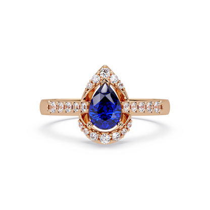0.6 CTW Pear Halo Pavé Colorstone Ring with Sapphire Blue center in 14K Rose Gold – Lunéa Paris