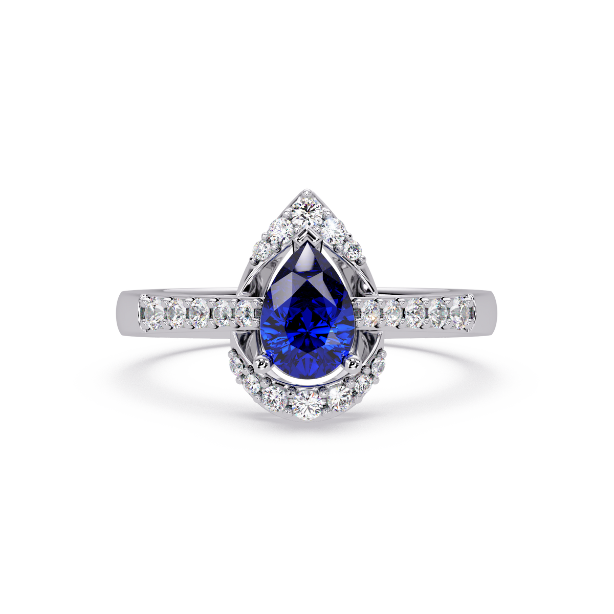 0.6 CTW Pear Halo Pavé Colorstone Ring with Sapphire Blue center in 14K White Gold – Lunéa Paris