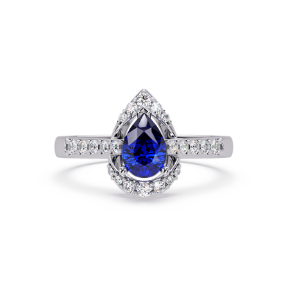 0.6 CTW Pear Halo Pavé Colorstone Ring with Sapphire Blue center in 14K White Gold – Lunéa Paris