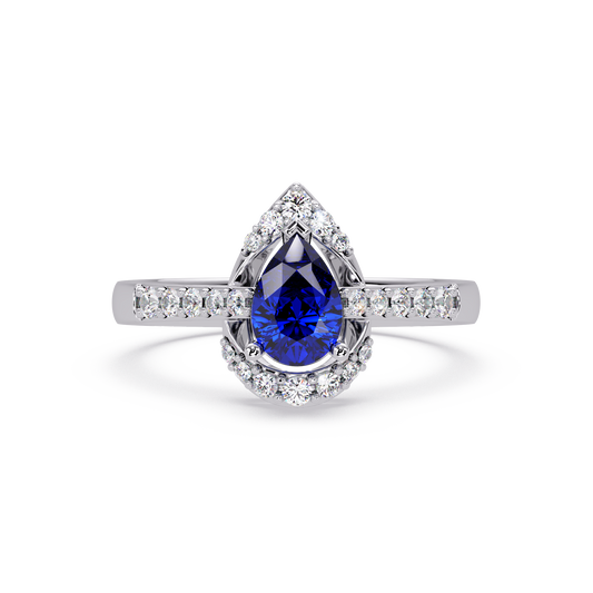 0.6 CTW Pear Halo Pavé Colorstone Ring with Sapphire Blue center in 14K White Gold – Lunéa Paris
