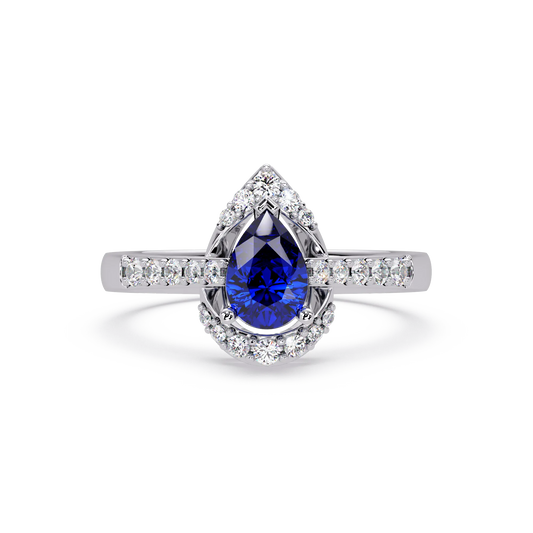 0.6 CTW Pear Halo Pavé Colorstone Ring with Sapphire Blue center in 14K White Gold – Lunéa Paris
