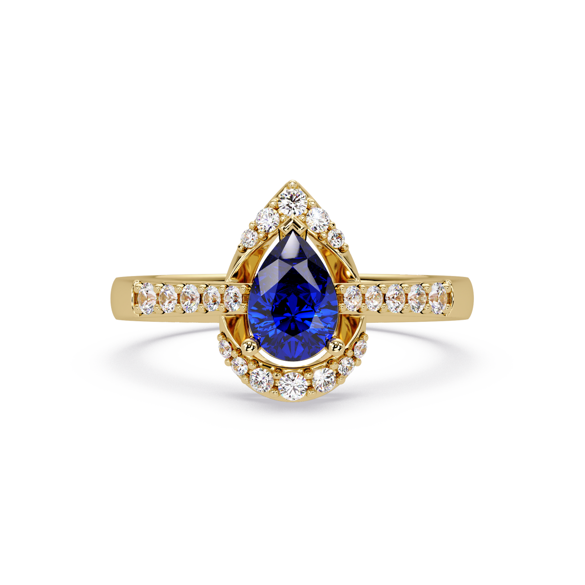 0.6 CTW Pear Halo Pavé Colorstone Ring with Sapphire Blue center in 14K Yellow Gold – Lunéa Paris