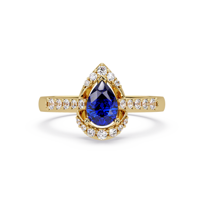 0.6 CTW Pear Halo Pavé Colorstone Ring with Sapphire Blue center in 14K Yellow Gold – Lunéa Paris