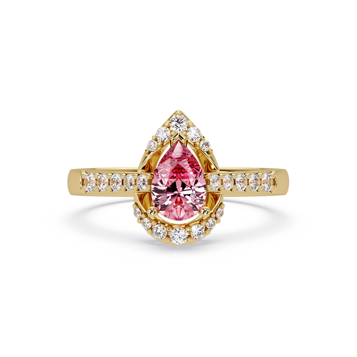 0.6 CTW Pear Halo Pavé Colorstone Ring with Tourmaline Pink center in 14K Yellow Gold – Lunéa Paris