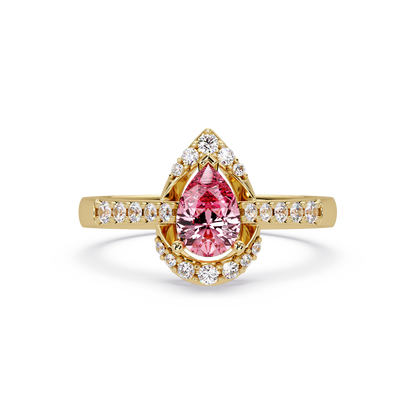0.6 CTW Pear Halo Pavé Colorstone Ring with Tourmaline Pink center in 14K Yellow Gold – Lunéa Paris