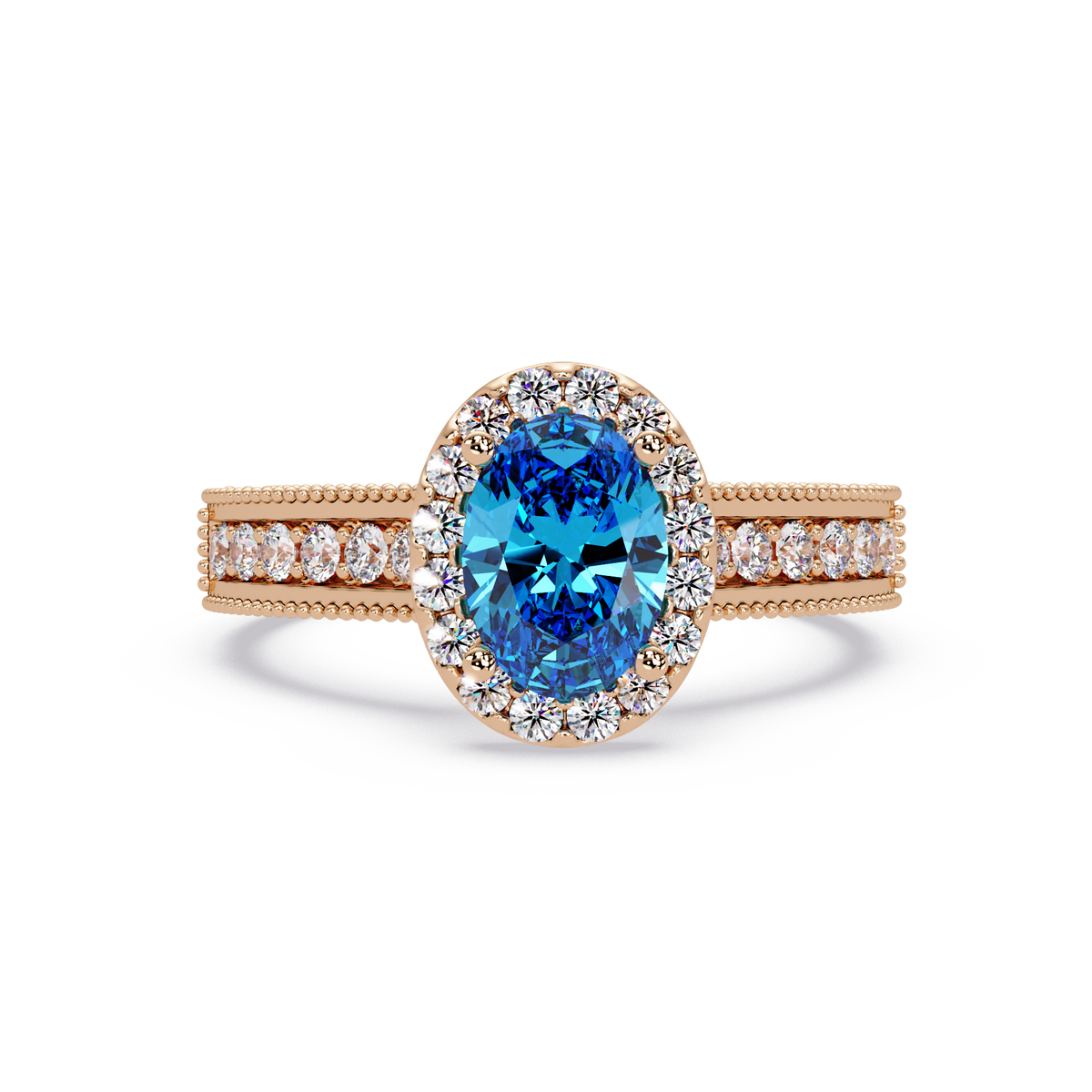 1.3 CTW Oval Halo Double-Row Pavé Colorstone Ring with Aquamarine Blue center in 14K Rose Gold – Lunéa Paris