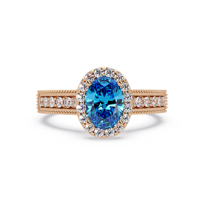 1.3 CTW Oval Halo Double-Row Pavé Colorstone Ring with Aquamarine Blue center in 14K Rose Gold – Lunéa Paris