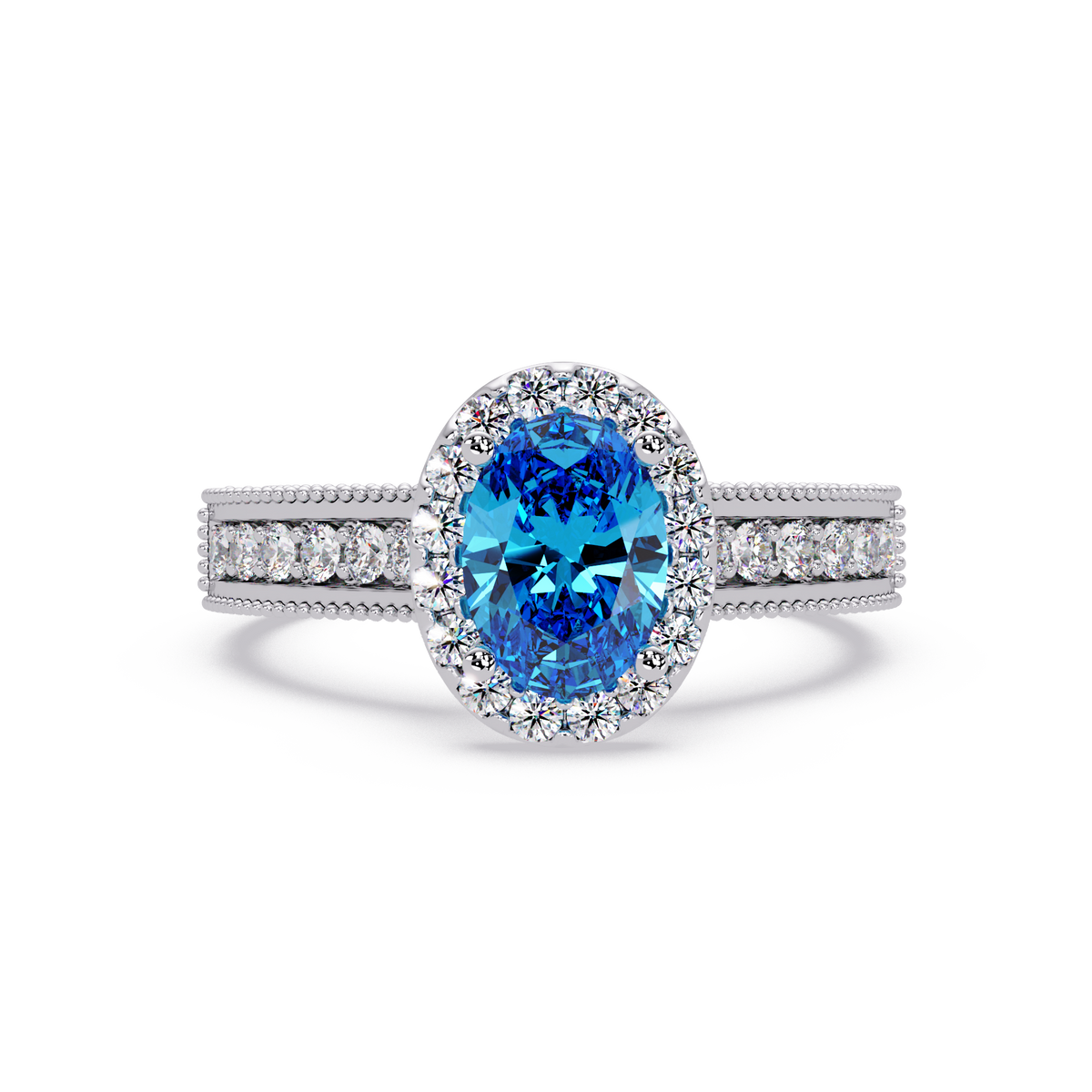 1.3 CTW Oval Halo Double-Row Pavé Colorstone Ring with Aquamarine Blue center in 14K White Gold – Lunéa Paris