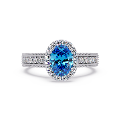 1.3 CTW Oval Halo Double-Row Pavé Colorstone Ring with Aquamarine Blue center in 14K White Gold – Lunéa Paris