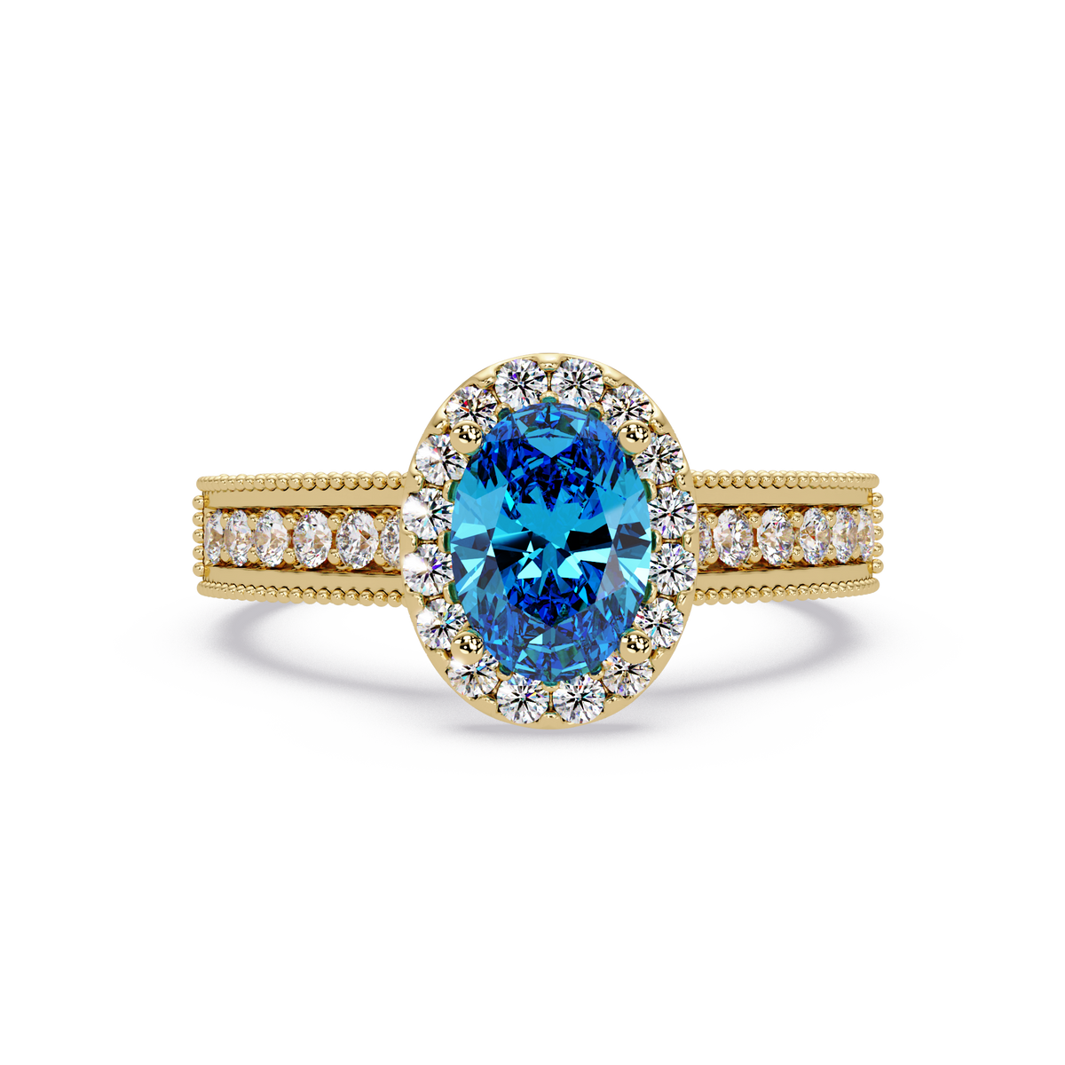 1.3 CTW Oval Halo Double-Row Pavé Colorstone Ring with Aquamarine Blue center in 14K Yellow Gold – Lunéa Paris