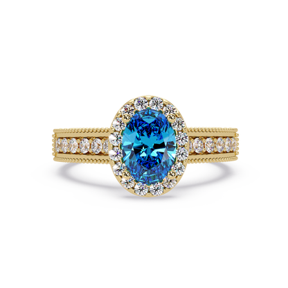 1.3 CTW Oval Halo Double-Row Pavé Colorstone Ring with Aquamarine Blue center in 14K Yellow Gold – Lunéa Paris